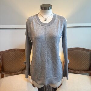 Karl Lagerfeld Gray Cold Shoulder Sweater Top with Bell Sleeves and Bow Details